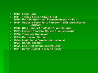 1912 - Elihu Root 1911 - Tobias Asser / Alfred Fried 1910 - Buró Internacional Permanente para a Paz 1909 - Auguste Beernaert / Paul Henri d'Estournelles de  Constant 1908 - Klas Pontus Arnoldson / Fredrik Bajer 1907 - Ernesto Teodoro Moneta / Louis Renault 1906 - Theodore Roosevelt 1905 - Bertha von Suttner 1904 - Instituto de Dereito Internacional 1903 - Randal Cremer 1902 - Élie Ducommun / Albert Gobat 1901 - Henry Dunant / Frédéric Passy  