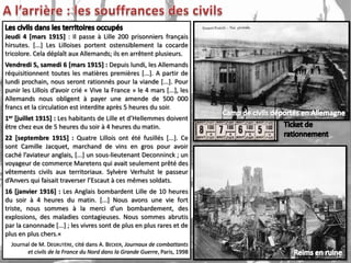 Jeudi 4 [mars 1915] : Il passe à Lille 200 prisonniers français
hirsutes. [...] Les Lilloises portent ostensiblement la cocarde
tricolore. Cela déplaît aux Allemands; ils en arrêtent plusieurs.
Vendredi 5, samedi 6 [mars 1915] : Depuis lundi, les Allemands
réquisitionnent toutes les matières premières [...]. A partir de
lundi prochain, nous seront rationnés pour la viande [...]. Pour
punir les Lillois d’avoir crié « Vive la France » le 4 mars [...], les
Allemands nous obligent à payer une amende de 500 000
francs et la circulation est interdite après 5 heures du soir.
1er [juillet 1915] : Les habitants de Lille et d’Hellemmes doivent
être chez eux de 5 heures du soir à 4 heures du matin.
22 [septembre 1915] : Quatre Lillois ont été fusillés [...]. Ce
sont Camille Jacquet, marchand de vins en gros pour avoir
caché l’aviateur anglais, [...] un sous-lieutenant Deconninck ; un
voyageur de commerce Maretens qui avait seulement prêté des
vêtements civils aux territoriaux. Sylvère Verhulst le passeur
d’Anvers qui faisait traverser l’Escaut à ces mêmes soldats.
16 [janvier 1916] : Les Anglais bombardent Lille de 10 heures
du soir à 4 heures du matin. [...] Nous avons une vie fort
triste, nous sommes à la merci d’un bombardement, des
explosions, des maladies contagieuses. Nous sommes abrutis
par la canonnade [...] ; les vivres sont de plus en plus rares et de
plus en plus chers.«
  Journal de M. DEGRUTÈRE, cité dans A. BECKER, Journaux de combattants
        et civils de la France du Nord dans la Grande Guerre, Paris, 1998
 