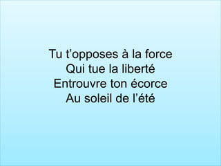 Tu t’opposes à la force
Qui tue la liberté
Entrouvre ton écorce
Au soleil de l’été
 