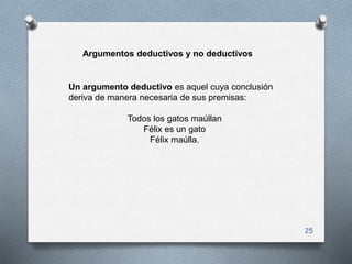 25
Argumentos deductivos y no deductivos
Un argumento deductivo es aquel cuya conclusión
deriva de manera necesaria de sus...