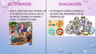 • SON EL APARTADO MAS EXTENSO, EN
EL SE DEFINE CON DETALLE QUE SE
VA HACER, QUIENES LO HARAN Y
COMO Y CUANDO SE HARA.
• SE ESTABLECE COMO SE MEDIRA EL
ALCANCE DEL PROGRAMA, SEA DE
FORMA EN GENERAL O ESPECIFICA.
 