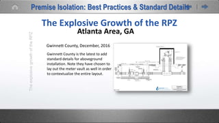 TheexplosivegrowthoftheRPZ
The Explosive Growth of the RPZ
Atlanta Area, GA
Gwinnett County, December, 2016
Gwinnett County is the latest to add
standard details for aboveground
installation. Note they have chosen to
lay out the meter vault as well in order
to contextualize the entire layout.
Premise Isolation: Best Practices & Standard Details
 