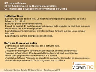 Analitzar les millores tècniques i funcionals que el tractament de dades aporta a l'usuari, a partir de l'ús d'un determinat programari estàndard o de gestió existent en el mercat.  Objectius: Continguts 4. Aplicacions informàtiques de propòsit específic:  Gestió de magatzem, gestió de facturació, gestió comercial, gestió de nòmines, gestió de personal, gestió de comptabilitat Autor: Joan Quintana Compte. IES Jaume Balmes - Barcelona. Juny 2010 