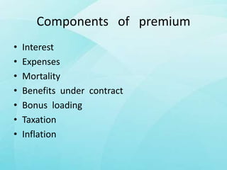 Components of premium
• Interest
• Expenses
• Mortality
• Benefits under contract
• Bonus loading
• Taxation
• Inflation
 
