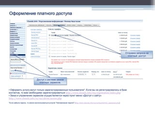 Оформление платного доступа




                                                                                                                                       Отправка запроса на
                                                                                                                                         платный доступ




                                 Доступ к системе заказа
                                   платных сервисов.


• Оформить услугу могут только зарегистрированные пользователи*. Если вы не регистрировались в базе
контактов, то вам необходимо зарегистрироваться http://www.cbonds.info/rus/registration/index.php
• Заказ и управление сервисом осуществляется через пункт меню «Доступ к сайту»
http://www.cbonds.info/ru/rus/about/access.php
*Если забыли пароль, то можно воспользоваться услугой "Напоминание пароля" (http://www.cbonds.info/rus/contact/remind_password.php).
 