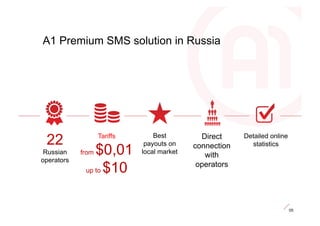 A1 Premium SMS solution in Russia




 22                Tariffs       Best
                              payouts on
                                              Direct     Detailed online
                                                           statistics
 Russian    from$0,01        local market
                                            connection
                                               with
operators
             up to $10
                                             operators




                                                                           05
 