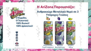 H AriZona Παρουσιάζει:
Ανθρακούχο Μεταλλικό Νερό σε 3
Υπέροχες Γεύσεις
0Θερμίδες
0Γλυκαντικά
100% Φυσικό!
100% Δροσιστικό!
Πορτοκάλι
Γκρέιπφρουτ
Μαύρο
Βατόμουρο
Λεμόνι
Λάιμ
 