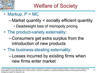 Welfare of Society
• Markup, P > MC
–Market quantity < socially efficient quantity
• Deadweight loss of monopoly pricing
• The product-variety externality:
–Consumers get extra surplus from the
introduction of new products
• The business-stealing externality:
–Losses incurred by existing firms when
new firms enter market
13
© 2018 Cengage Learning®. May not be scanned, copied or duplicated, or posted to a publicly accessible website, in whole or in part, except for use
as permitted in a license distributed with a certain product or service or otherwise on a password-protected website or school-approved learning
management system for classroom use.
 