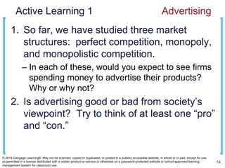 Active Learning 1 Advertising
1. So far, we have studied three market
structures: perfect competition, monopoly,
and monopolistic competition.
– In each of these, would you expect to see firms
spending money to advertise their products?
Why or why not?
2. Is advertising good or bad from society’s
viewpoint? Try to think of at least one “pro”
and “con.”
14
© 2018 Cengage Learning®. May not be scanned, copied or duplicated, or posted to a publicly accessible website, in whole or in part, except for use
as permitted in a license distributed with a certain product or service or otherwise on a password-protected website or school-approved learning
management system for classroom use.
 
