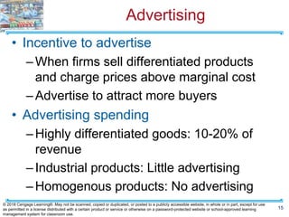 Advertising
• Incentive to advertise
–When firms sell differentiated products
and charge prices above marginal cost
–Advertise to attract more buyers
• Advertising spending
–Highly differentiated goods: 10-20% of
revenue
–Industrial products: Little advertising
–Homogenous products: No advertising
15
© 2018 Cengage Learning®. May not be scanned, copied or duplicated, or posted to a publicly accessible website, in whole or in part, except for use
as permitted in a license distributed with a certain product or service or otherwise on a password-protected website or school-approved learning
management system for classroom use.
 