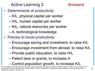 Active Learning 2 Answers
• Determinants of productivity:
– K/L, physical capital per worker
– H/L, human capital per worker
– N/L, natural resources per worker
– A, technological knowledge
• Policies to boost productivity:
– Encourage saving and investment, to raise K/L
– Encourage investment from abroad, to raise K/L
– Provide public education, to raise H/L
– Patent laws or grants, to increase A
– Control population growth, to increase K/L
43
© 2018 Cengage Learning®. May not be scanned, copied or duplicated, or posted to a publicly accessible website, in whole or in part, except for use
as permitted in a license distributed with a certain product or service or otherwise on a password-protected website or school-approved learning
management system for classroom use.
 