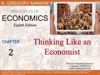 Premium PowerPoint Slides by:
V. Andreea CHIRITESCU
Eastern Illinois University
N. GREGORY MANKIW
PRINCIPLES OF
ECONOMICS
Eighth Edition
Thinking Like an
Economist
CHAPTER
2
© 2018 Cengage Learning®. May not be scanned, copied or duplicated, or posted to a publicly accessible website, in whole or in part, except for use
as permitted in a license distributed with a certain product or service or otherwise on a password-protected website or school-approved learning
management system for classroom use.
1
 