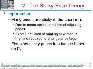 2. The Sticky-Price Theory
• Imperfection:
–Many prices are sticky in the short run.
• Due to menu costs, the costs of adjusting
prices.
• Examples: cost of printing new menus,
the time required to change price tags
–Firms set sticky prices in advance based
on PE
33
© 2018 Cengage Learning®. May not be scanned, copied or duplicated, or posted to a publicly accessible website, in whole or in part, except for use
as permitted in a license distributed with a certain product or service or otherwise on a password-protected website or school-approved learning
management system for classroom use.
 