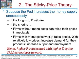 2. The Sticky-Price Theory
• Suppose the Fed increases the money supply
unexpectedly
– In the long run, P will rise
– In the short run:
• Firms without menu costs can raise their prices
immediately
• Firms with menu costs wait to raise prices. With
relatively low prices: increase demand for their
products: increase output and employment
Hence, higher P is associated with higher Y, so the
SRAS curve slopes upward.
34
© 2018 Cengage Learning®. May not be scanned, copied or duplicated, or posted to a publicly accessible website, in whole or in part, except for use
as permitted in a license distributed with a certain product or service or otherwise on a password-protected website or school-approved learning
management system for classroom use.
 
