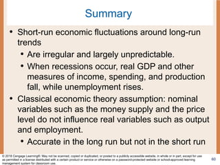 Summary
• Short-run economic fluctuations around long-run
trends
• Are irregular and largely unpredictable.
• When recessions occur, real GDP and other
measures of income, spending, and production
fall, while unemployment rises.
• Classical economic theory assumption: nominal
variables such as the money supply and the price
level do not influence real variables such as output
and employment.
• Accurate in the long run but not in the short run
60
© 2018 Cengage Learning®. May not be scanned, copied or duplicated, or posted to a publicly accessible website, in whole or in part, except for use
as permitted in a license distributed with a certain product or service or otherwise on a password-protected website or school-approved learning
management system for classroom use.
 