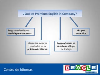 www.beaglelanguages.com
Centro de Idiomas
Programa diseñado a
medida para empresas
Garantiza mejores
resultados en la
práctica del idioma.
Los profesores se
desplazan al lugar
de trabajo
Grupos
reducidos
¿Qué es Premium English in Company?
 