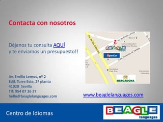 www.beaglelanguages.com
Contacta con nosotros
Déjanos tu consulta AQUÍ
y te enviamos un presupuesto!!
Av. Emilio Lemos, nº 2
Edif. Torre Este, 2ª planta
41020 Sevilla
Tlf: 954 07 36 37
hello@beaglelanguages.com
Centro de Idiomas
www.beaglelanguages.com
 