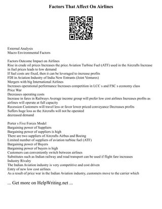 Factors That Affect On Airlines
External Analysis
Macro Environmental Factors
Factors Outcome Impact on Airlines
Rise in crude oil prices Increases the price Aviation Turbine Fuel (ATF) used in the Aircrafts Increase
in fuel prices leads to low demand
If fuel costs are fixed, then it can be leveraged to increase profits
FDI in Aviation Industry of India New Entrants (Joint Ventures)
Mergers with big International Airlines
Increases operational performance Increases competition in LCC s and FSC s economy class
Price War
Decreases operating costs
Increase in fares in Railways Average income group will prefer low cost airlines Increases profits as
airlines will operate at full capacity
Recession Customers will travel less or favor lower priced conveyance Decreases profits
Suffers huge loss as the Aircrafts will not be operated
decreased demand
Porter s Five Forces Model
Bargaining power of Suppliers
Bargaining power of suppliers is high
There are two suppliers of Aircrafts Airbus and Boeing
Limited number of suppliers of aviation turbine fuel (ATF)
Bargaining power of Buyers
Bargaining power of buyers is high
Customers can conveniently switch between airlines
Substitutes such as Indian railway and road transport can be used if flight fare increases
Industry Rivalry
The Indian Aviation industry is very competitive and cost driven
Entry of new low cost airlines
As a result of price war in the Indian Aviation industry, customers move to the carrier which
... Get more on HelpWriting.net ...
 