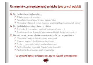 Un marché commercialement en friche (peu ou mal exploité)
!  Des clients entreprises plus matures
"  Réduction du panel de prestataires
"  Rationalisation des achats de formation (appels d’offres)
"  Attentes de prestations clé en main (ingénierie complète : pédagogie, administratif, financier)
!  Des clients individuels mieux informés et volatiles
"  Disponibilité des informations et multiplicité des sources (internet…)
"  Des attentes en terme de suivi et d’accompagnement (projet, dossier, financement…)
!  Une structure de commercialisation souvent rudimentaire chez les prestataires
"  Démarche vers les entreprises reposant sur le relationnel
"  Réponse à la demande (push) mais pas d’anticipation
"  Des forces commerciales limités (consultants formateurs)
"  Pas de réelle culture commerciale (Grandes Ecoles, Universités)
"  Pas de démarche commerciale proactive systématique
Sur un marché atomisé, la croissance sera pour les plus actifs commercialement
 