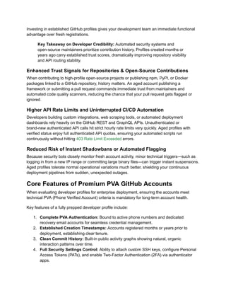 Investing in established GitHub profiles gives your development team an immediate functional
advantage over fresh registrations.
Key Takeaway on Developer Credibility: Automated security systems and
open-source maintainers prioritize contribution history. Profiles created months or
years ago carry established trust scores, dramatically improving repository visibility
and API routing stability.
Enhanced Trust Signals for Repositories & Open-Source Contributions
When contributing to high-profile open-source projects or publishing npm, PyPI, or Docker
packages linked to a GitHub repository, history matters. An aged account publishing a
framework or submitting a pull request commands immediate trust from maintainers and
automated code quality scanners, reducing the chance that your pull request gets flagged or
ignored.
Higher API Rate Limits and Uninterrupted CI/CD Automation
Developers building custom integrations, web scraping tools, or automated deployment
dashboards rely heavily on the GitHub REST and GraphQL APIs. Unauthenticated or
brand-new authenticated API calls hit strict hourly rate limits very quickly. Aged profiles with
verified status enjoy full authenticated API quotas, ensuring your automated scripts run
continuously without hitting 403 Rate Limit Exceeded errors.
Reduced Risk of Instant Shadowbans or Automated Flagging
Because security bots closely monitor fresh account activity, minor technical triggers—such as
logging in from a new IP range or committing large binary files—can trigger instant suspensions.
Aged profiles tolerate normal operational variations much better, shielding your continuous
deployment pipelines from sudden, unexpected outages.
Core Features of Premium PVA GitHub Accounts
When evaluating developer profiles for enterprise deployment, ensuring the accounts meet
technical PVA (Phone Verified Account) criteria is mandatory for long-term account health.
Key features of a fully prepped developer profile include:
1.​ Complete PVA Authentication: Bound to active phone numbers and dedicated
recovery email accounts for seamless credential management.
2.​ Established Creation Timestamps: Accounts registered months or years prior to
deployment, establishing clear tenure.
3.​ Clean Commit History: Built-in public activity graphs showing natural, organic
interaction patterns over time.
4.​ Full Security Settings Control: Ability to attach custom SSH keys, configure Personal
Access Tokens (PATs), and enable Two-Factor Authentication (2FA) via authenticator
apps.
 