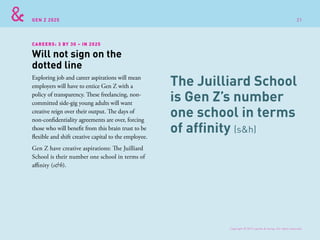 GEN Z 2025
Exploring job and career aspirations will mean
employers will have to entice Gen Z with a
policy of transparency. These freelancing, non-
committed side-gig young adults will want
creative reign over their output. The days of
non-confidentiality agreements are over, forcing
those who will benefit from this brain trust to be
flexible and shift creative capital to the employee.
Gen Z have creative aspirations: The Juilliard
School is their number one school in terms of
affinity (s&h).
Will not sign on the
dotted line
CAREERS: 3 BY 30 – IN 2025
The Juilliard School
is Gen Z’s number
one school in terms
of affinity (s&h)
Copyright © 2015 sparks & honey. All rights reserved.
21
 