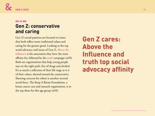 GEN Z 2025
Gen Z’s social passions are focused on issues
that both reflect more traditional values and
caring for the greater good. Looking at the top
social advocacy and issues of Gen Z, Above the
Influence is the association they have the most
affinity for, followed by the truth campaign (s&h).
Both are organizations that help young people
stay on the right path, free of drugs and alcohol.
It’s as much a reflection of their life stage as it is
of their values, skewed toward the conservative.
Showing concern for others is another revered
social force. The Keep A Breast Foundation, a
breast cancer care and research organization, is in
the top three for this age group (s&h).
ME IS WE
Gen Z: conservative
and caring
Gen Z cares:
Above the
Influence and
truth top social
advocacy affinity
Copyright © 2015 sparks & honey. All rights reserved.
51
 