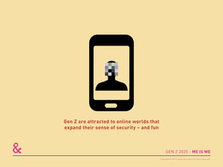 Gen Z are attracted to online worlds that
expand their sense of security – and fun
GEN Z 2025 - ME IS WE
Copyright © 2015 sparks & honey. All rights reserved.
 