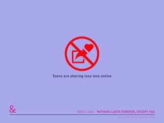 Teens are sharing less love online
GEN Z 2025 - NOTHING LASTS FOREVER, EXCEPT YOU
Copyright © 2015 sparks & honey. All rights reserved.
 