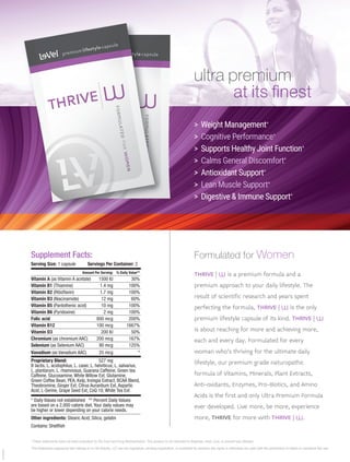 > Weight Management+
> Cognitive Performance+
> Supports Healthy Joint Function+
> Calms General Discomfort+
> Antioxidant Support+
> Lean Muscle Support+
> Digestive & Immune Support+
Formulated for Women
THRIVE |
m is a premium formula and a
premium approach to your daily lifestyle. The
result of scientific research and years spent
perfecting the formula, THRIVE |
m is the only
premium lifestyle capsule of its kind. THRIVE |
m
is about reaching for more and achieving more,
each and every day. Formulated for every
woman who's thriving for the ultimate daily
lifestyle, our premium grade naturopathic
formula of Vitamins, Minerals, Plant Extracts,
Anti-oxidants, Enzymes, Pro-Biotics, and Amino
Acids is the first and only Ultra Premium Formula
ever developed. Live more, be more, experience
more, THRIVE for more with THRIVE |
m.
ultra premium
at its finest
Supplement Facts:
Serving Size: 1 capsule Servings Per Container: 2
Amount Per Serving: % Daily Value**____________________________________________
Vitamin A (as Vitamin A acetate) 1500 IU 30%____________________________________________
Vitamin B1 (Thiamine) 1.4 mg 100%____________________________________________
Vitamin B2 (Riboflavin) 1.7 mg 100%____________________________________________
Vitamin B3 (Niacinamide) 12 mg 60%____________________________________________
Vitamin B5 (Pantothenic acid) 10 mg 100%____________________________________________
Vitamin B6 (Pyridoxine) 2 mg 100%____________________________________________
Folic acid 800 mcg 200%____________________________________________
Vitamin B12 100 mcg 1667%____________________________________________
Vitamin D3 200 IU 50%____________________________________________
Chromium (as chromium AAC) 200 mcg 167%____________________________________________
Selenium (as Selenium AAC) 90 mcg 125%____________________________________________
Vanadium (as Vanadium AAC) 25 mcg *____________________________________________
Proprietary Blend: 527 mg
B lactis, L. acidophilus, L. casei, L. helviticus, L. salvarius,
L. plantarum, L. rhamnosus, Guarana Caffeine, Green tea
Caffeine, Glucosamine, White Willow Ext, Glutamine,
Green Coffee Bean, PEA, Kelp, Irvingia Extract, BCAA Blend,
Theobromine, Ginger Ext, Citrus Aurantium Ext, Aspartic
Acid, L-Serine, Grape Seed Ext, CoQ 10, White Tea Ext
* Daily Values not established ** Percent Daily Values
are based on a 2,000 calorie diet. Your daily values may
be higher or lower depending on your calorie needs.____________________________________________
Other ingredients: Stearic Acid, Silica, gelatin
Contains: Shellfish
+These statements have not been evaluated by the Food and Drug Administration. This product is not intended to diagnose, treat, cure, or prevent any disease.
The trademarks appearing here belong to Le-Vel Brands, LLC and are registered, pending registration, or protected by common law rights or otherwise are used with the permission of others or constitute fair use.
20160520
 