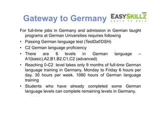 Gateway to Germany
For full-time jobs in Germany and admission in German taught
programs at German Universities requires following
• Passing German language test (TestDaf/DSH)
• C2 German language proficiency
• There are 6 levels in German language –
A1(basic),A2,B1,B2,C1,C2 (advanced)
• Reaching 0-C2 level takes only 9 months of full-time German
language training in Germany. Monday to Friday 6 hours per
day. 30 hours per week. 1080 hours of German language
training
• Students who have already completed some German
language levels can complete remaining levels in Germany.
For full-time jobs in Germany and admission in German taught
programs at German Universities requires following
• Passing German language test (TestDaf/DSH)
• C2 German language proficiency
• There are 6 levels in German language –
A1(basic),A2,B1,B2,C1,C2 (advanced)
• Reaching 0-C2 level takes only 9 months of full-time German
language training in Germany. Monday to Friday 6 hours per
day. 30 hours per week. 1080 hours of German language
training
• Students who have already completed some German
language levels can complete remaining levels in Germany.
 