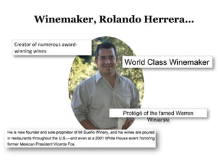 Creator of numerous award-
winning wines

                             World Class Winemaker




                             Protégé of the famed Warren
                                      Winiarski
 
