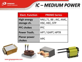 Elect. Function         PREMO Series
              High energy        M61,71, 88 ; AIC, AMC,
              storage ch.        HSC, HEC, STP
              PFC chokes         PFC
              Power Trasfs.      HPT / GHPT, HPTR
              Planar power
                                 HPC
              chokes




www.grupopremo.com
 