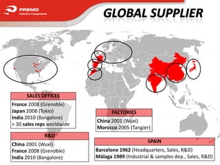 SALES OFFICES
France 2008 (Grenoble)
Japan 2008 (Tokio)                 FACTORIES
India 2010 (Bangalore)
                            China 2001 (Wuxi)
> 30 sales reps worldwide
                            Morocco 2005 (Tangier)
              R&D
                                                  SPAIN
China 2001 (Wuxi)
France 2008 (Grenoble)      Barcelone 1962 (Headquarters, Sales, R&D)
India 2010 (Bangalore)      Málaga 1989 (Industrial & samples dep., Sales, R&D)
 