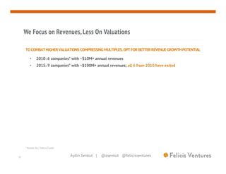 Aydin Senkut | @asenkut @felicisventures12
We Focus on Revenues, Less On Valuations
TO COMBAT HIGHER VALUATIONS COMPRESSIN...