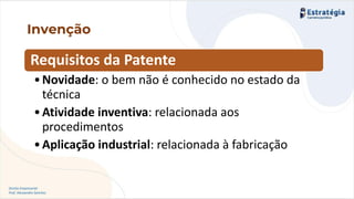 Direito Empresarial
Prof. Alessandro Sanchez
Invenção
Requisitos da Patente
•Novidade: o bem não é conhecido no estado da
técnica
•Atividade inventiva: relacionada aos
procedimentos
•Aplicação industrial: relacionada à fabricação
 
