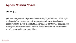 Direito Empresarial
Prof. Alessandro Sanchez
Ações Golden Share
Art. 17. [...]
§7o Nas companhias objeto de desestatização poderá ser criada ação
preferencial de classe especial, de propriedade exclusiva do ente
desestatizante, à qual o estatuto social poderá conferir os poderes que
especificar, inclusive o poder de veto às deliberações da assembleia-
geral nas matérias que especificar.
 