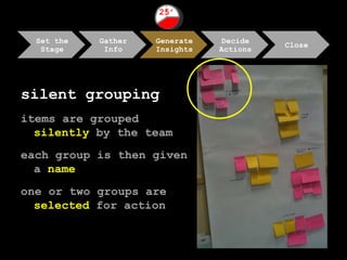 silent grouping items are grouped  silently  by the team each group is then given a  name one or two groups are  selected ...