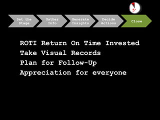 <ul><li>ROTI Return On Time Invested </li></ul><ul><li>Take Visual Records </li></ul><ul><li>Plan for Follow-Up </li></ul>...