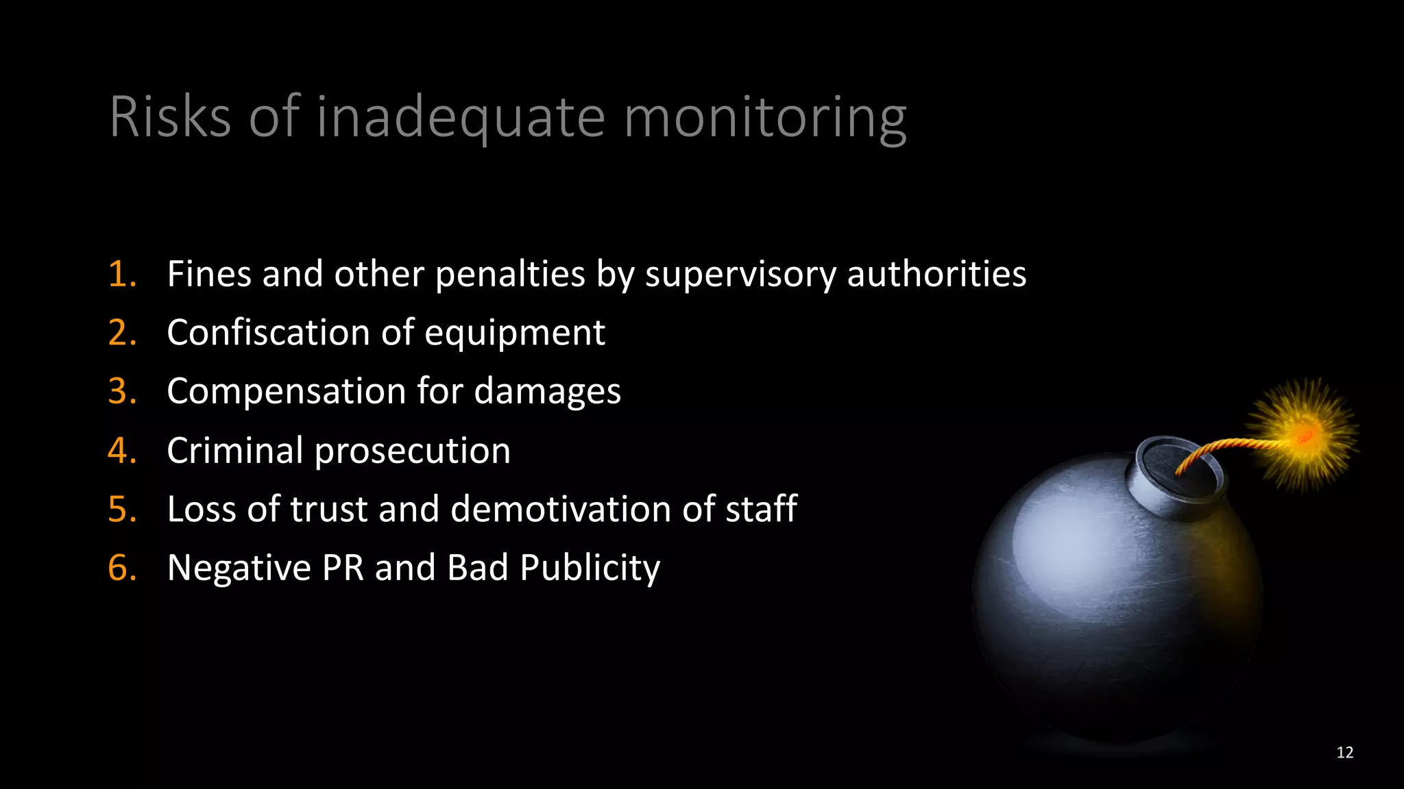 Risks of inadequate monitoring
1. Fines and other penalties by supervisory authorities
2. Confiscation of equipment
3. Compensation for damages
4. Criminal prosecution
5. Loss of trust and demotivation of staff
6. Negative PR and Bad Publicity
12
 