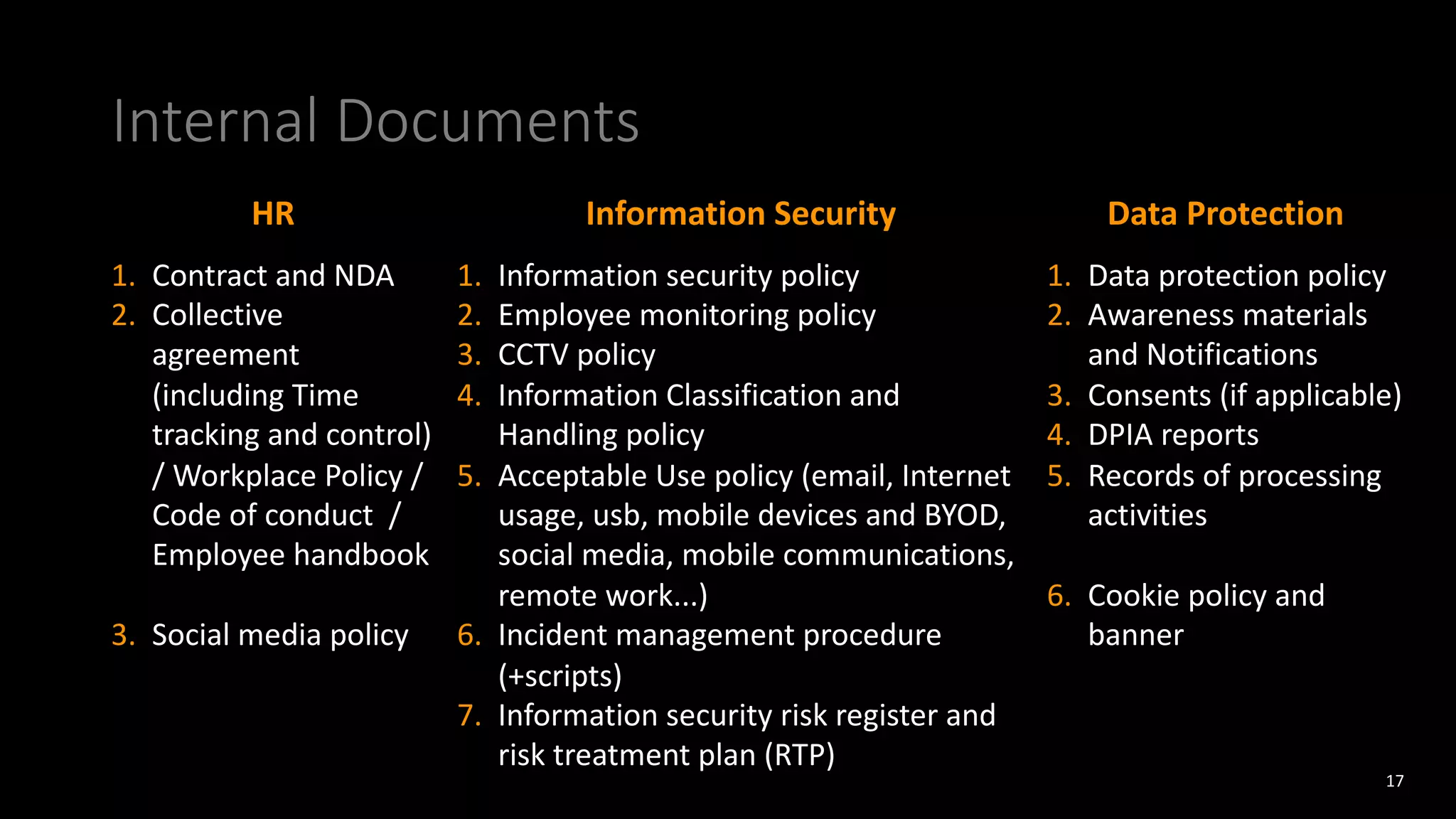 Internal Documents
HR Information Security Data Protection
1. Contract and NDA
2. Collective
agreement
(including Time
tracking and control)
/ Workplace Policy /
Code of conduct /
Employee handbook
3. Social media policy
1. Information security policy
2. Employee monitoring policy
3. CCTV policy
4. Information Classification and
Handling policy
5. Acceptable Use policy (email, Internet
usage, usb, mobile devices and BYOD,
social media, mobile communications,
remote work...)
6. Incident management procedure
(+scripts)
7. Information security risk register and
risk treatment plan (RTP)
1. Data protection policy
2. Awareness materials
and Notifications
3. Consents (if applicable)
4. DPIA reports
5. Records of processing
activities
6. Cookie policy and
banner
17
 