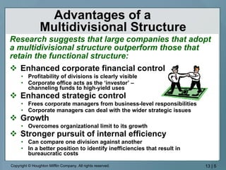 Advantages of a  Multidivisional Structure Enhanced corporate financial control Profitability of divisions is clearly visible Corporate office acts as the ‘investor’  –   channeling funds to high-yield uses Enhanced strategic control Frees corporate managers from business-level responsibilities Corporate managers can deal with the wider strategic issues Growth Overcomes organizational limit to its growth Stronger pursuit of internal efficiency Can compare one division against another In a better position to identify inefficiencies that result in bureaucratic costs Research suggests that large companies that adopt  a multidivisional structure outperform those that retain the functional structure: 