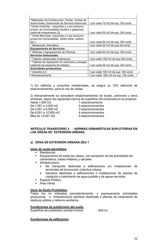 36
*Materiales de Construcción, Ferias, Ventas de
Automóviles, Estaciones de Servicio Automotor 1 por cada 75 m2 de sup. Útil const.
*Venta minorista , mayorista y o de consumo
propio, de Combustibles líquidos y gaseosos,
venta de maquinarias (2) 1 por cada 50 m2 de sup. Útil const.
* Venta Minorista, mayorista y o de consumo
propio de Combustibles sólido (leña, carbón,
etc ) 1 por cada 50 m2 de sup. Útil const.
* Restaurant, Discoteca 1 por cada 20 m2 de sup.ùtil const
Equipamiento de Servicios. .
* Oficinas o Agrupaciones de Oficinas 1 por cada 65 m2 de sup. Útil const.
Servicios Artesanales
* Talleres artesanales inofensivos 1 por cada 100 m2 de sup.Ùtil const.
* Talleres de reparación de vehículos y Garajes
(además de espacios de trabajo) 1 por cada 50 m2 de sup. Ùtil const.
Actividades productivas
* Industria (2) 1 por cada 100 m2 de sup. Útil const
*Almacenamiento 1 por cada 500 m2 de sup. Ùtil const.
1) En edificios y conjuntos residenciales, se exigirá un 15% adicional de
estacionamientos, para el uso de visitas.
2) Adicionalmente se consultará estacionamientos de buses, camiones u otros
similares, según los siguientes tramos de superficie útil construida en el proyecto:
Hasta 1.000 m2 1 estacionamiento
De 1.001 a 3.000 m2 2 estacionamientos
De 3.001 a 6.000 m2 3 estacionamientos
De 6.001 a 12.000 m2 4 estacionamientos
Más de 12.001 m2 5 estacionamientos
ARTÍCULO TRANSITORIO 3 : NORMAS URBANÍSTICAS SUPLETORIAS EN
LAS ÁREAS DE EXTENSIÓN URBANA
a) ZONA DE EXTENSIÓN URBANA ZEU 1
Usos de suelo permitidos.
 Residencial.
 Equipamiento de todas las clases, con excepción de las actividades de
cementerios, bases militares y cárceles.
 Infraestructura:
 De transporte destinada a edificaciones y/o instalaciones de
terminales de locomoción colectiva urbana.
 Sanitaria destinada a edificaciones o instalaciones de plantas de
captación y tratamiento de agua potable y de aguas servidas.
 Espacio Público.
 Área Verde.
Usos de Suelo Prohibidos.
Todos los no indicados precedentemente, y expresamente actividades
productivas e infraestructura sanitaria destinada a plantas de tratamiento de
residuos sólidos y rellenos sanitarios.
Condiciones de subdivisión del suelo.
Superficie de subdivisión predial mínima : 500 m2
Condiciones de edificación.
 