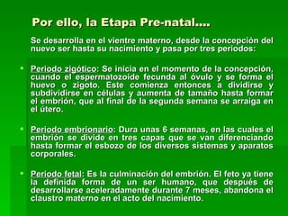 Por ello, la Etapa Pre-natal….
  Se desarrolla en el vientre materno, desde la concepción del
  nuevo ser hasta su nacimiento y pasa por tres periodos:

 Periodo zigótico: Se inicia en el momento de la concepción,
  cuando el espermatozoide fecunda al óvulo y se forma el
  huevo o zigoto. Este comienza entonces a dividirse y
  subdividirse en células y aumenta de tamaño hasta formar
  el embrión, que al final de la segunda semana se arraiga en
  el útero.

 Periodo embrionario: Dura unas 6 semanas, en las cuales el
  embrión se divide en tres capas que se van diferenciando
  hasta formar el esbozo de los diversos sistemas y aparatos
  corporales.

 Periodo fetal: Es la culminación del embrión. El feto ya tiene
  la definida forma de un ser humano, que después de
  desarrollarse aceleradamente durante 7 meses, abandona el
  claustro materno en el acto del nacimiento.
 