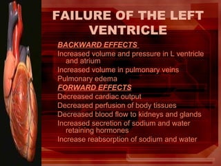 FAILURE OF THE LEFT
VENTRICLE
BACKWARD EFFECTS
Increased volume and pressure in L ventricle
and atrium
Increased volume in pulmonary veins
Pulmonary edema
FORWARD EFFECTS
Decreased cardiac output
Decreased perfusion of body tissues
Decreased blood flow to kidneys and glands
Increased secretion of sodium and water
retaining hormones
Increase reabsorption of sodium and water
 