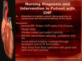 Nursing Diagnosis and
Intervention in Patient with
CHF
A. Alteration in cardiac output; decreased due to
mechanical and structural defects of the heart.
Interventions
Assess BP, Pulse, CVP every 2 to 4 hours
Weigh daily
Monitor intake and output carefully
Monitor electrolytes specially potassium and
Na
Avoid extracirculatory overload through
excessive oral or IV fluid intake
Allay thirst from fluid restriction with good oral
care and hard candies
 