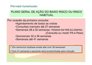 PLANO GERAL DE AÇÃO DO BAIXO RISCO OU RISCO
HABITUAL
Pré-natal humanizado
Por ocasião da primeira consulta:
•Agendamento de todas as visitas
•Consultas mensais até 27 semanas
•Semanais 28 a 32 semanas: PENSAR EM PRÉ-ECLÂMPSIA
(Consulta ou medir PA e Peso)
•Quinzenais 32 a 36 semanas
•Semanais até 41 semanas
 Em nenhuma hipótese existe alta com 36 semanas!
Com 41 semanas a paciente será encaminhada para indução
 