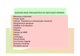 QUEIXAS MAIS FREQUENTES NA GESTAÇÃO NORMAL
Náuseas e sialorréia
Pirose (azia)
Cólicas Flatulência e Obstipação Intestinal
Sangramento gengival
Cefaléia e Enxaqueca
Cloasma
Cãibras
Varizes de MMII
Edema
Lombalgia
Hemorróidas
Corrimento Vaginal
Queixas Urinárias
Atividade sexual
 