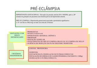 PRÉ-ECLÂMPSIA
HIPERTENSÃO GESTACIONAL: Elevação da pressão arterial (PA>140X90), após a 20ª
semana de gestação em pacientes sem história prévia de hipertensão arterial.
PRÉ-ECLÂMPSIA: Hipertensão gestacional associada a proteinúria significativa
(+/4+ em fita ou 300,0 mg ou mais em urina de 24 horas)
- PRIMIGESTAS
- PRIMIPATERNIDADE
GESTANTES COM
RISCO
DIFERENCIADO
- HIPERTENSÃO ARTERIAL CRÔNICA
- OBESIDADE
- GESTAÇÃO GEMELAR
- ANTECEDENTES DE PRÉ-ECLÂMPSIA GRAVE OU ECLÂMPSIA OU HELLP
- AUSÊNCIA DE REDUÇÃO DA PA NO SEGUNDO TRIMESTRE
CRITÉRIOS
DIAGNÓSTICOS
CERTOS: PROTEINÚRIA
SUSPEITOS:
ELEVAÇÃO DA PA EM RELAÇÃO ÀS ÚLTIMAS CONSULTAS
INSTALAÇÃO DE EDEMA E/OU GANHO PONDERAL EXCESSIVO (+1000g)
EM RELAÇÃO À ÚLTIMA CONSULTA
 