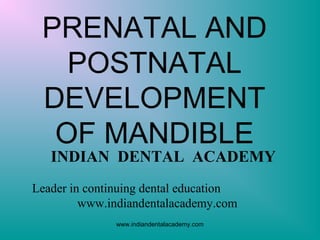 PRENATAL AND
POSTNATAL
DEVELOPMENT
OF MANDIBLE

INDIAN DENTAL ACADEMY

Leader in continuing dental education
www.indiandentalacademy.com
www.indiandentalacademy.com

 