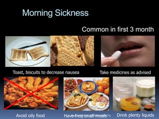 Morning Sickness
                                      Common in first 3 month




Toast, biscuits to decrease nausea                 Take medicines as advised




 Avoid oily food          Have freq small meals
                             Dept of OBGYN...SATNAM HOSPITAL   Drink plenty liquids
 